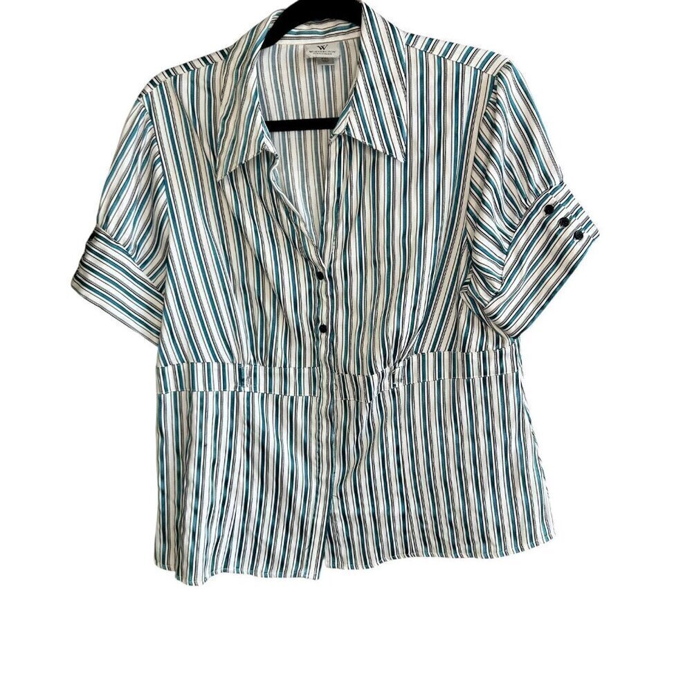 Worthington Teal Blue Black Striped Puffy Sleeve Blouse Size XL Petite